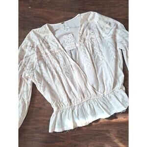 Free People Counting Stars Blouse Snowy Sand Peasant Boho Cream Gold Size XS